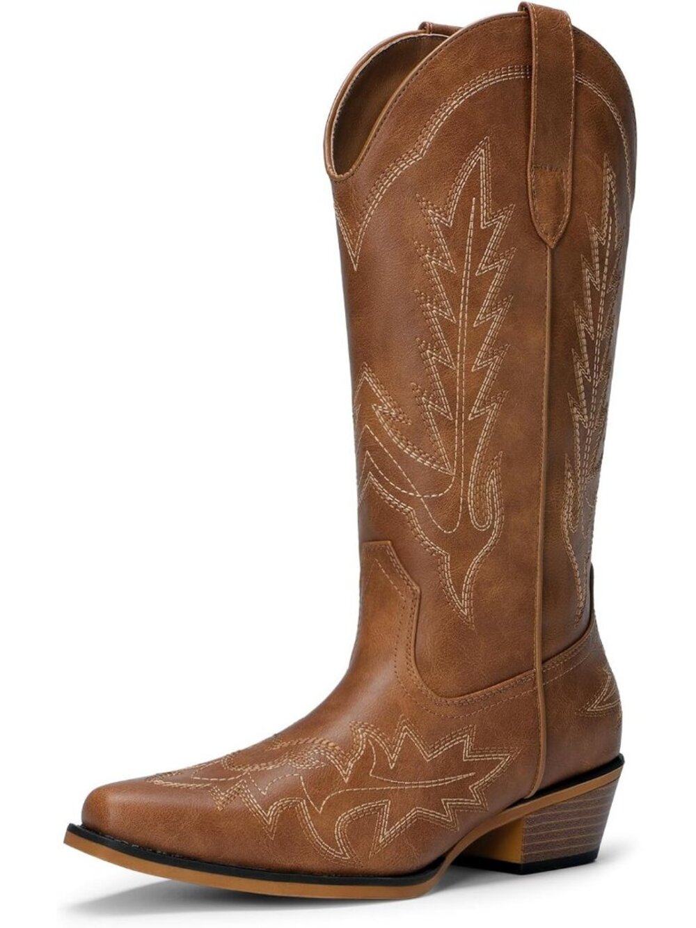 Women's Brown Faux Leather Pointed Toe Western Mid Calf Low Chunky Heel Boots